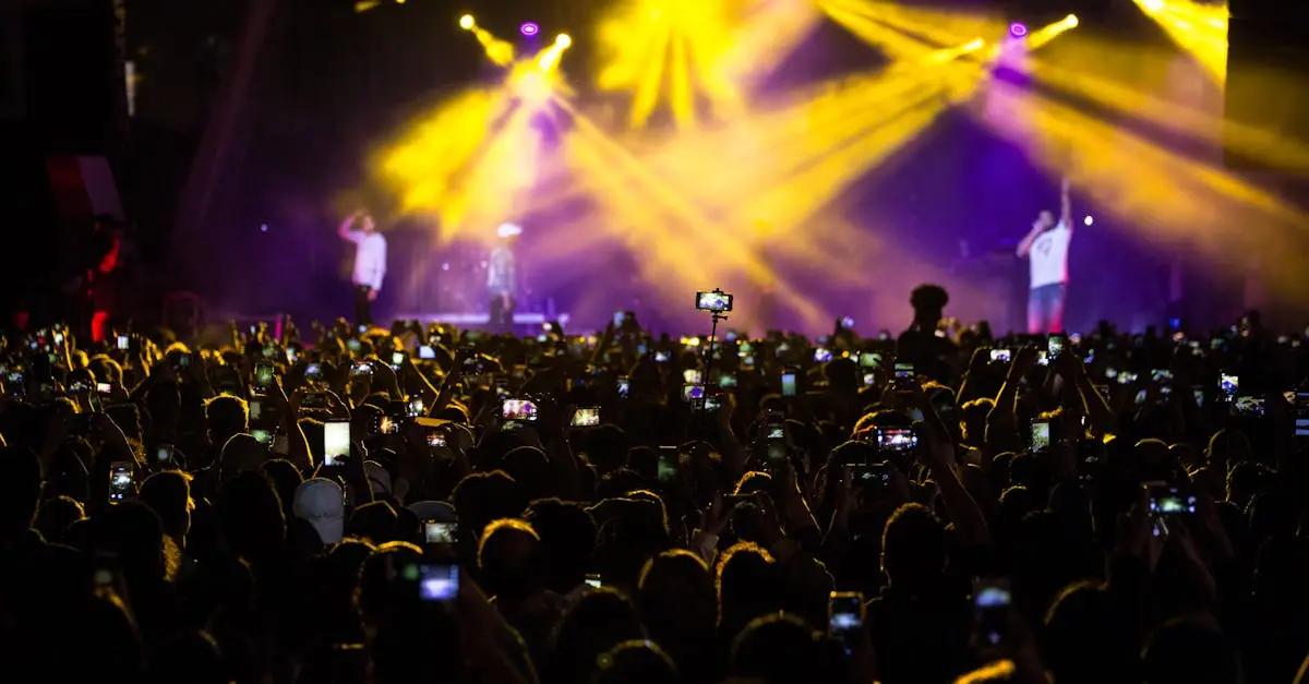 A lively concert scene with a large crowd capturing the moment with phones amidst dramatic lighting.